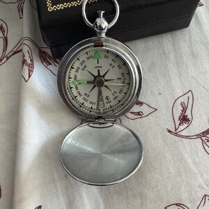 Silver Pocket Compass with Green Accents